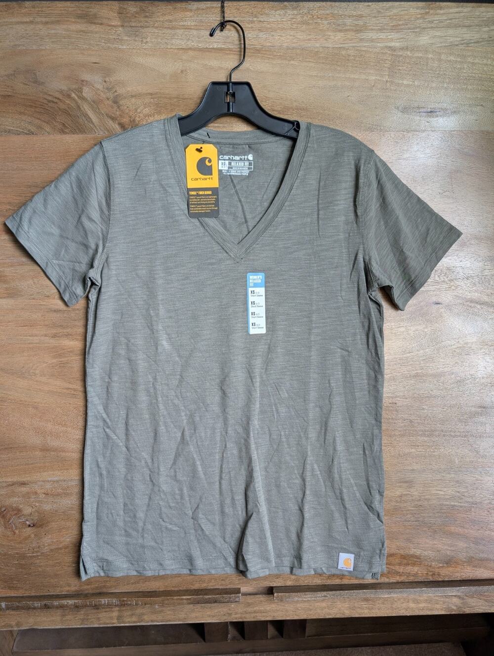 Carhartt T-Shirt Womens XS Olive Green Relaxed Fit Short Sleeve V-Neck Pullover